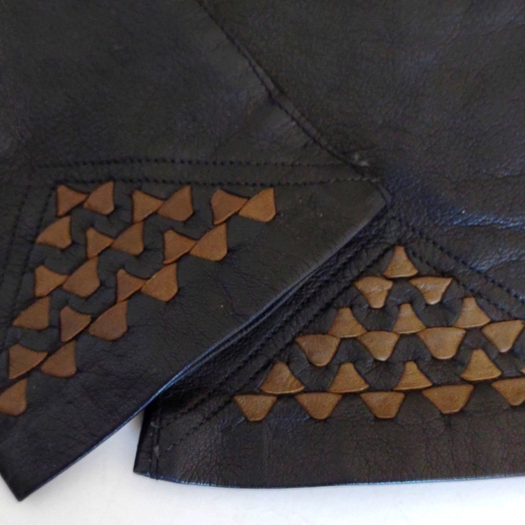 BLACK LEATHER GLOVE SILK LINING CARAMEL BRAID ITALY Classy Lady - Picture 3 of 9